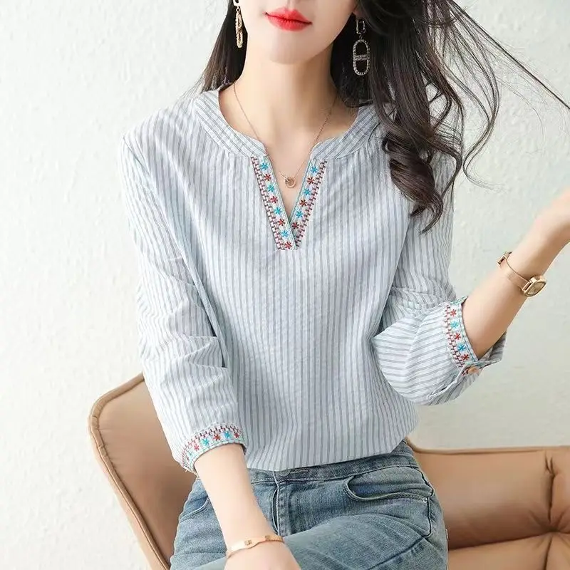 Spring Autumn New Fashion Elegance Solid Cotton Women's Clothing Shirts Embroidery V Neck Long Sleev Korean Style Shirring Tops