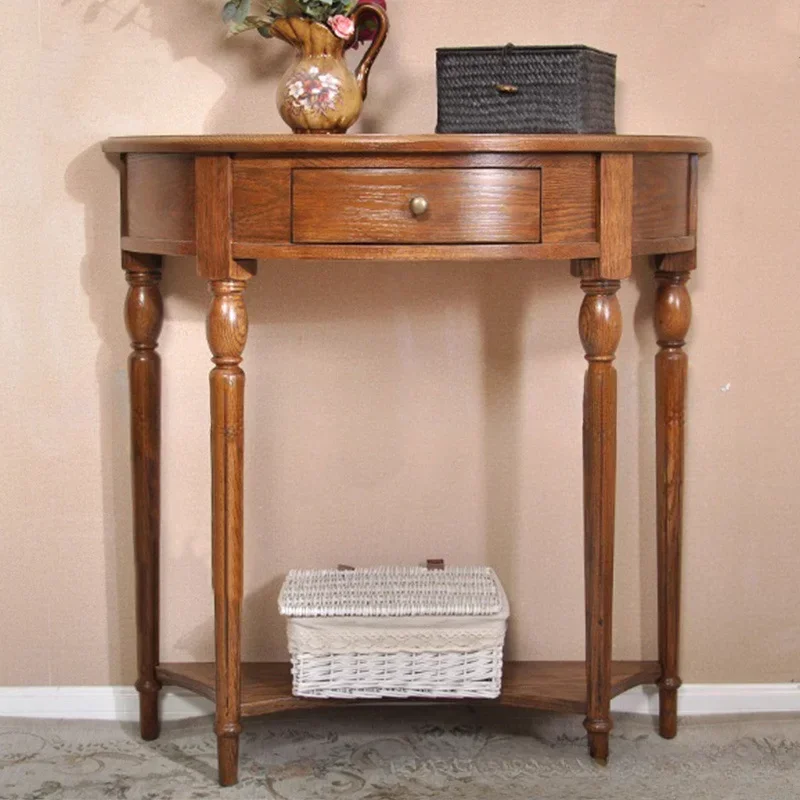 미국 단단한 나무 현관 테이블, 맞춤형 가구, 레트로 오래된 통나무 오크 조각, 반원형 로커 장식 테이블