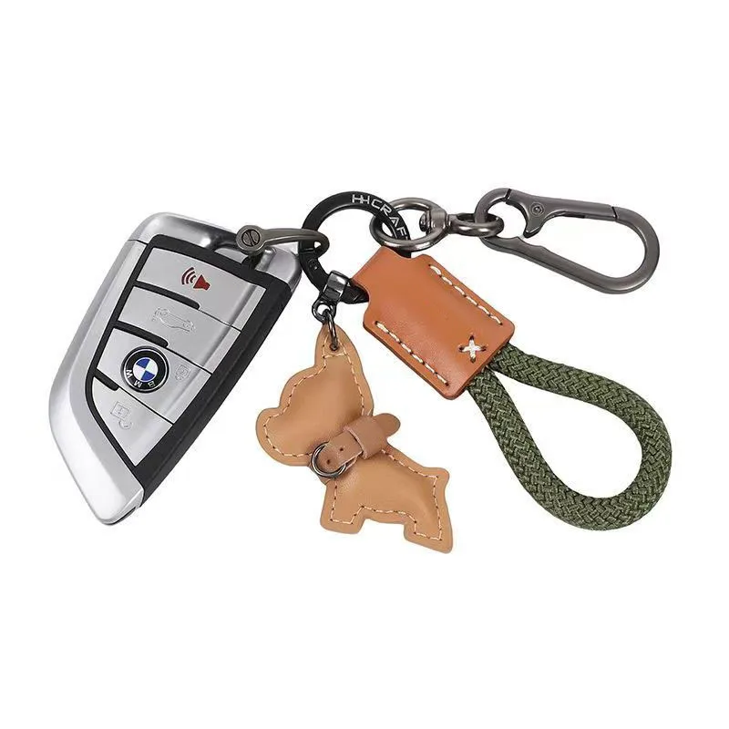 New Cartoon Cute French Fighting Dog Keychain Pendant Car Keychain Ring Leather Hand Woven Rope Bag Pendant