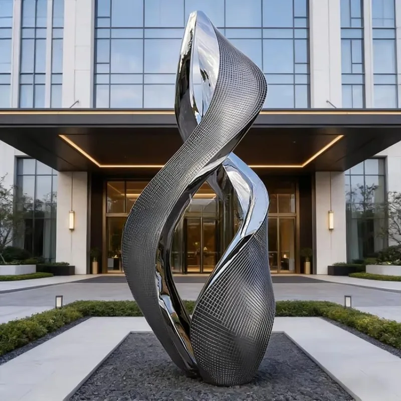 Twisted Mesh Stainless Steel Sculpture Outdoor Building Entrance Hotel Landmark Metal Art Ornament Mirror Polished Edge