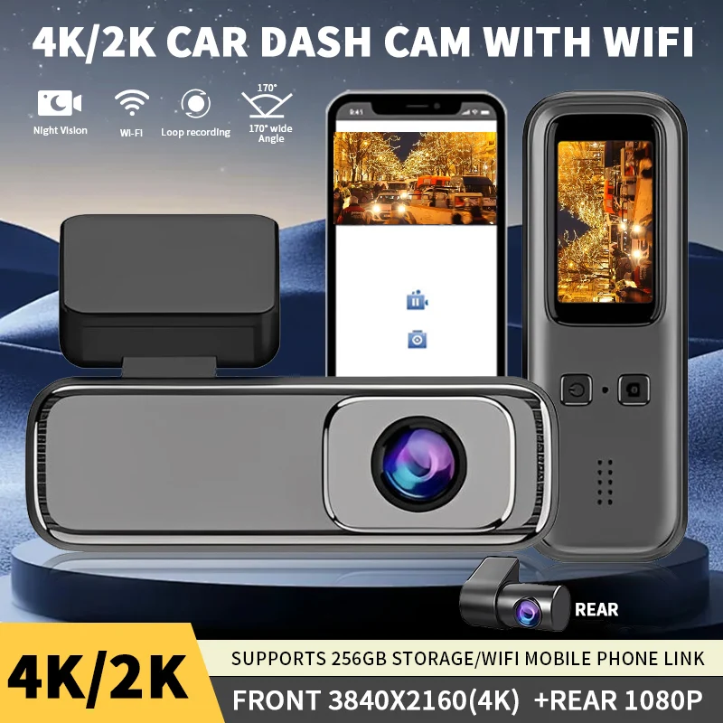 4K/2K Car Dash Cam with WiFi, Front 4K/2K+Rear 1080p ,24H Parking Monitor, Loop Recording, G-Sensor, Super Night Vision for Car
