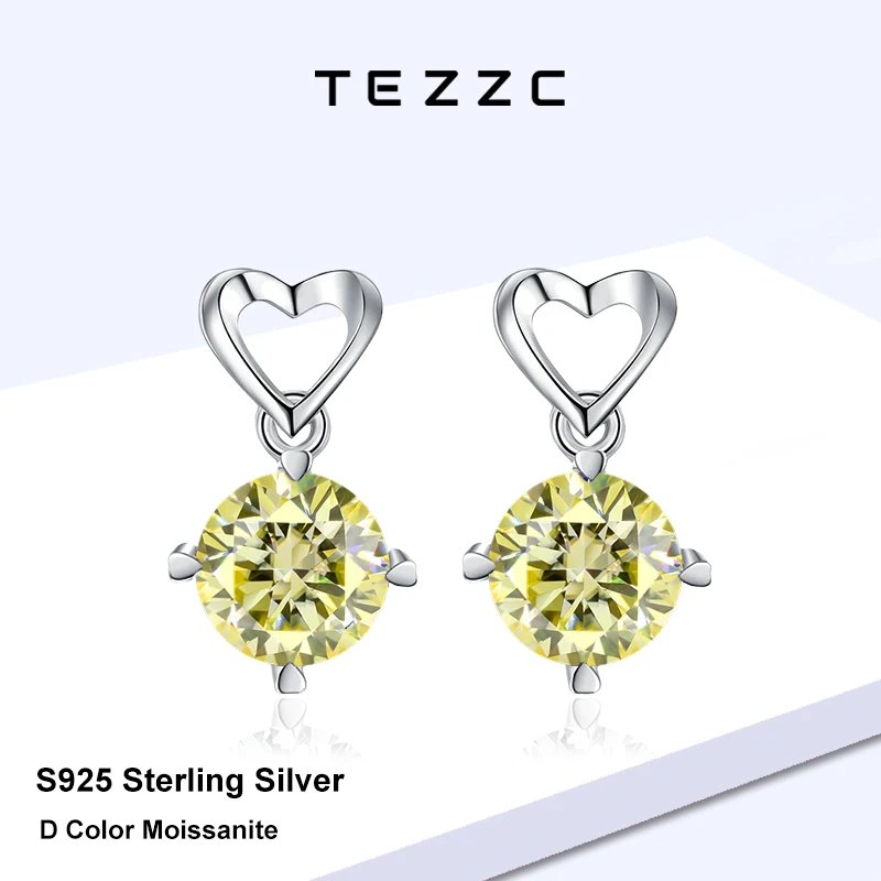Tezzc 1ct  Lemon Yellow Heart-Shaped Earring 925 Sterling Silver Pendant Earrings For Women Party Gifts Jewelry With Certificate