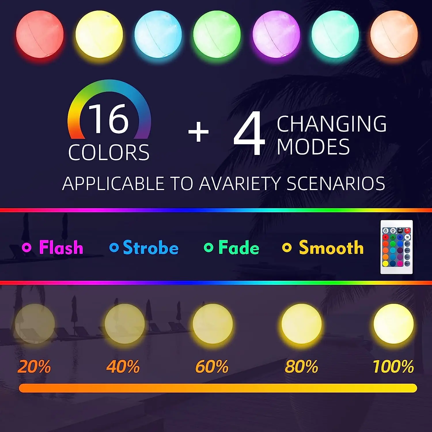 لعبة كرة شاطئ كبيرة عائمة وقابلة للنفخ في الظلام، مع أضواء متغيرة الألوان، مثالية لحفلات الصيف، وحفلات حمام السباحة/الشاطئ أو الهذيان أو الضوء الأسود/المتوهج