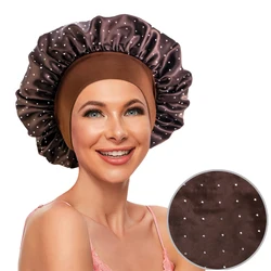 New Elegant Silky Satin Bonnet For Women With Diamond Elastic Wide Band Shower Cap Lightweight Soft Sleeping Night Cap