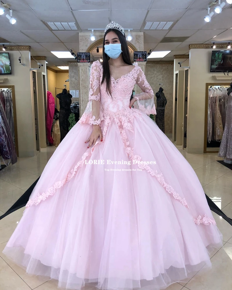 LORIE Pink tiulowa sukienka balowa Quinceanera sukienki z długimi rękawami koronkowe suknie urodzinowe księżniczki Quinceañera 15