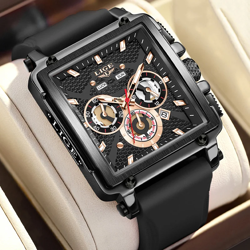 LIGE Casual Quartz Wristwatch Fashion Square Waterproof Men's Watches Outdoor Sports Silicone Strap Luminous Clock Montre Homme