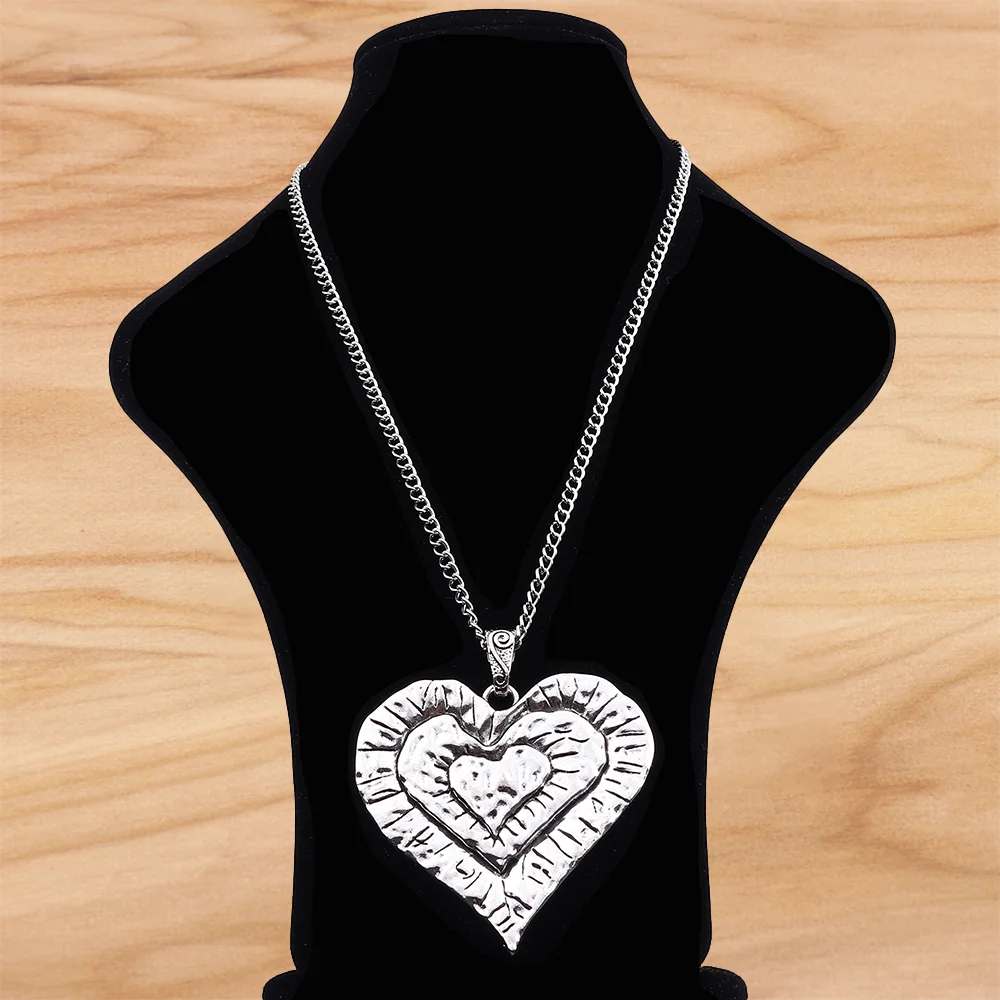 Tibetan Silver Large Hammered Love Heart Pendant on Long Chain Necklace Lagenlook 34 Inches for Jewelry Women Men Gift