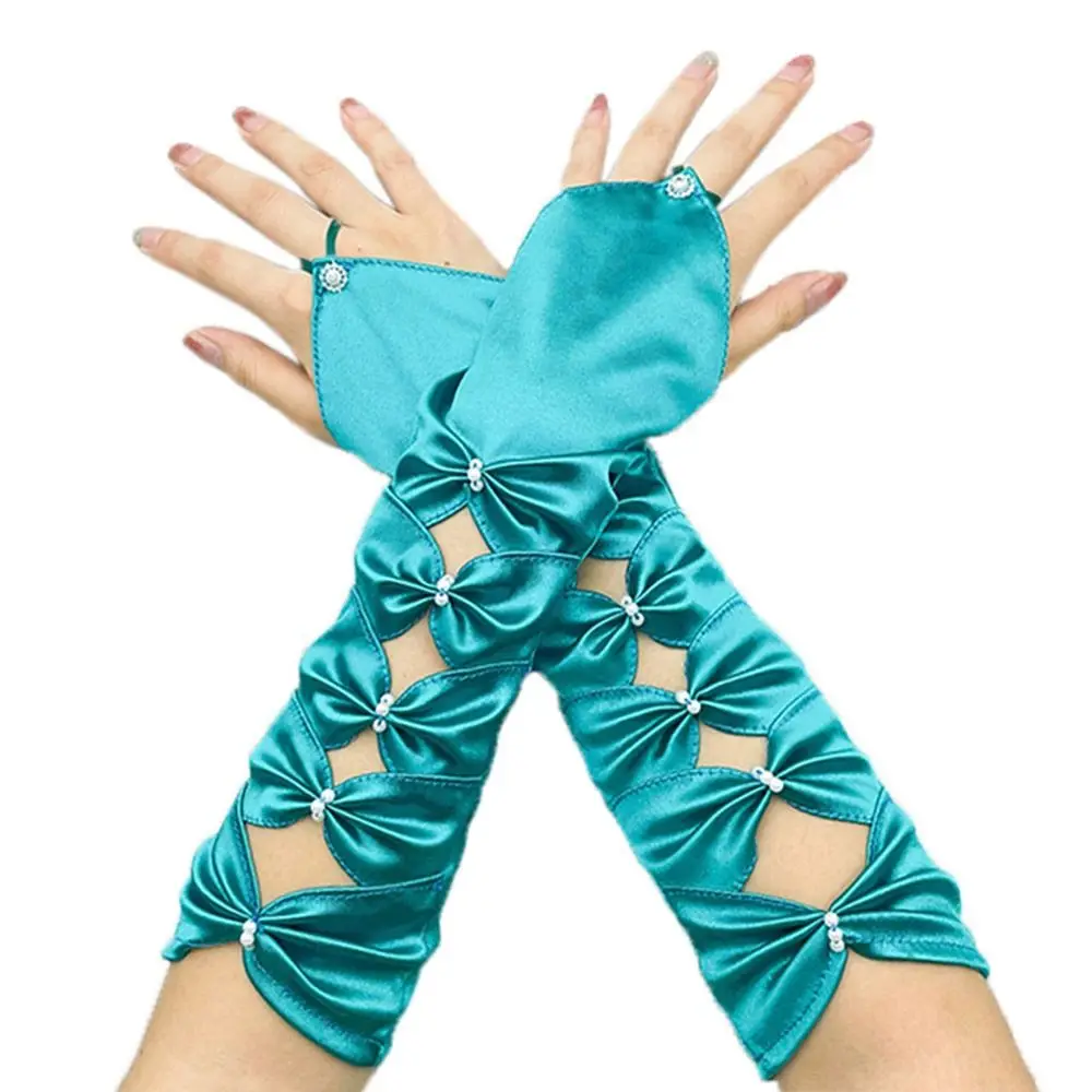 Elegant Long Elastic Satin Pleated Bowknot Wedding Bridal Gloves Elbow Teal Fingerless Evening Party Prom Girl Gloves