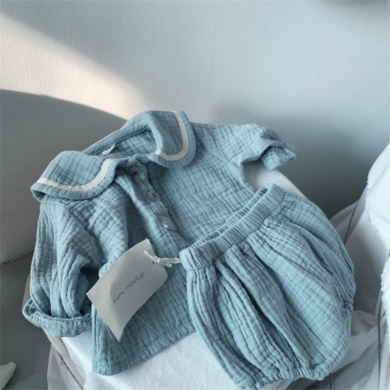 Spring Summer Romper Baby Boy Girl Clothes Set 0-24M Baby Cotton Linen Lapel Navy Style Long Sleeve Shorts Children Sets