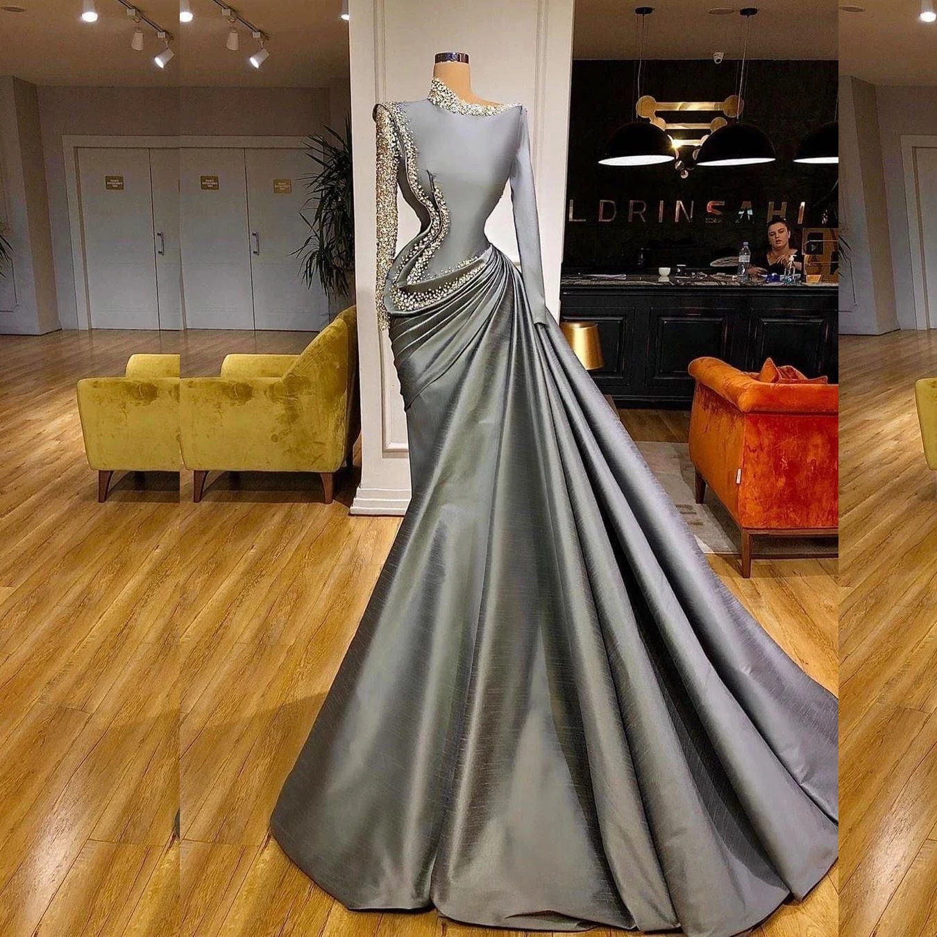 Bling Elegant Women Grey Evening Dress Long Sleeve Satin High Neck Crystal Fashion Gowns Prom Luxuty Sequined Birthday 2024