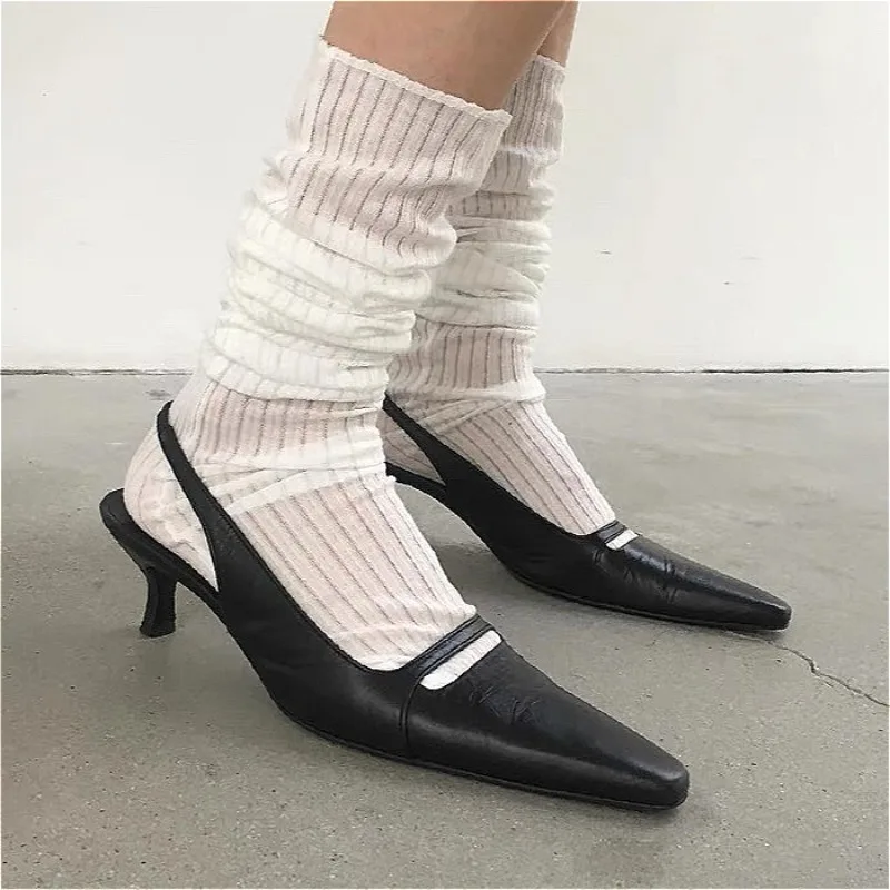 

Pointed Toe Kitten Heels Shoes Women Sandals Slingback Sexy 2025 Trend Dress Party Shallow Pumps Leather Brand Sandalias Mujer