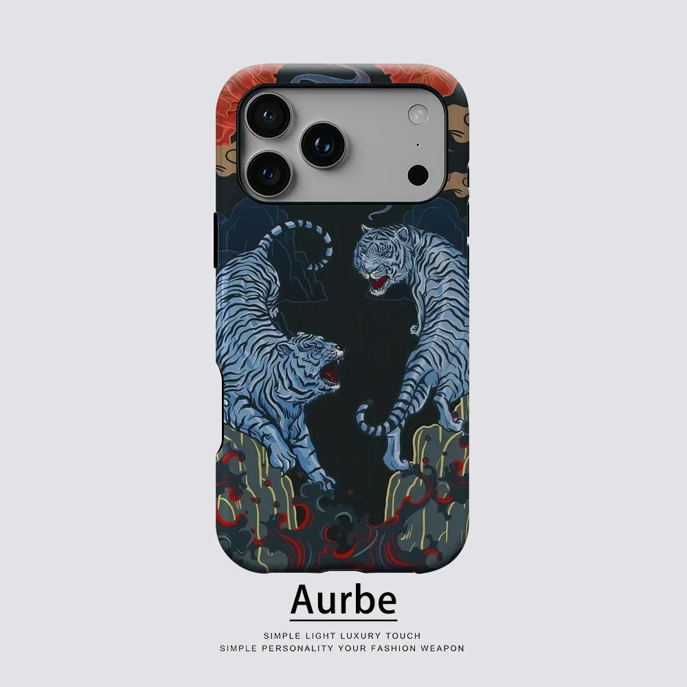 Aurbe Matte 2-in-1 Film Magsafe Hülle für iPhone 17 16 15 14 Plus 17 Pro Max Stoßfeste Hartschale Dual Blue Tigers Case