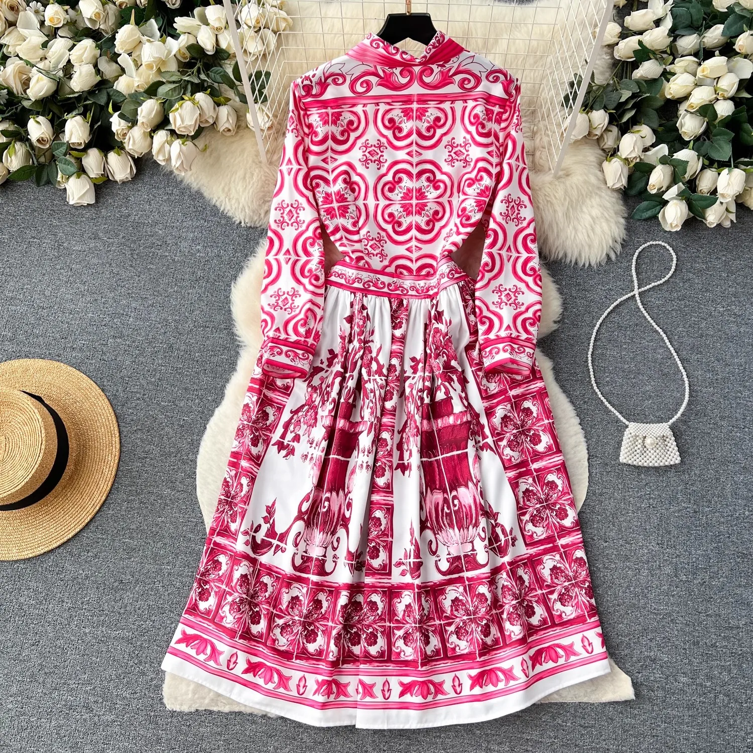 Runway Fashion Autumn Red Flower Blue And White Porcelain Shirt Dress Vintage Women Pink Lapel Long Sleeve Holiday Midi Vestidos