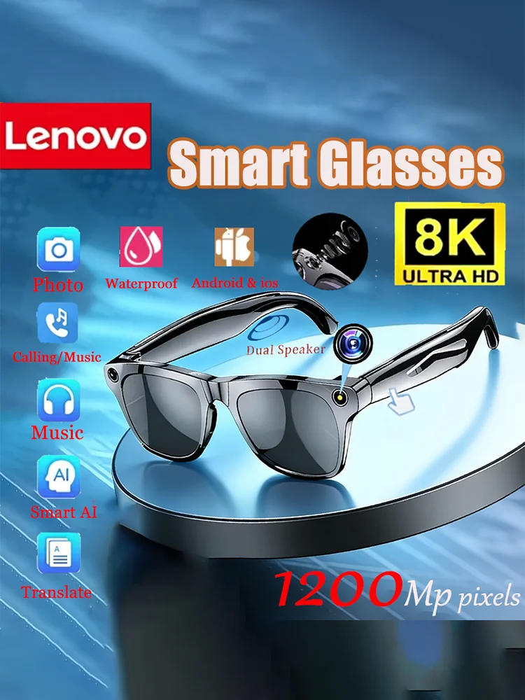Lenovo 8K lunettes intelligentes AI avec caméra 1200mp Chat Gpt tactile Sport lunettes de soleil Bluetooth appel lecteur de musique pour hommes femmes cadeau