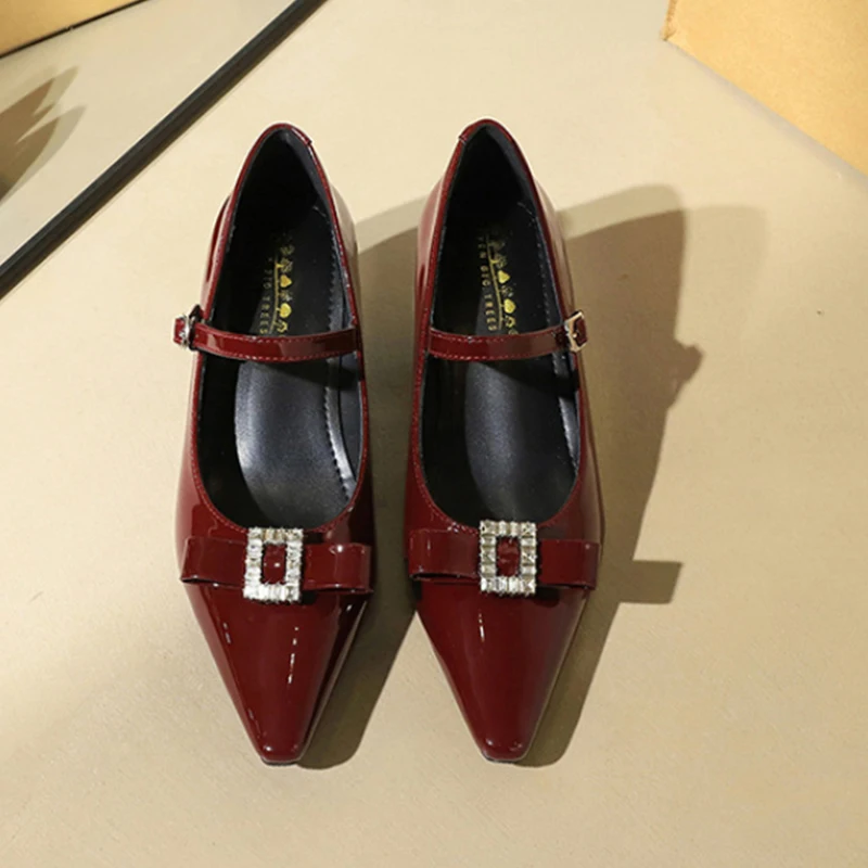 

Womens Burgundy Patent Leather Pointed Toe Pumps With Rhinestone Bow Ankle Strap Low Heel Comfortable Shoes For Daily Wear