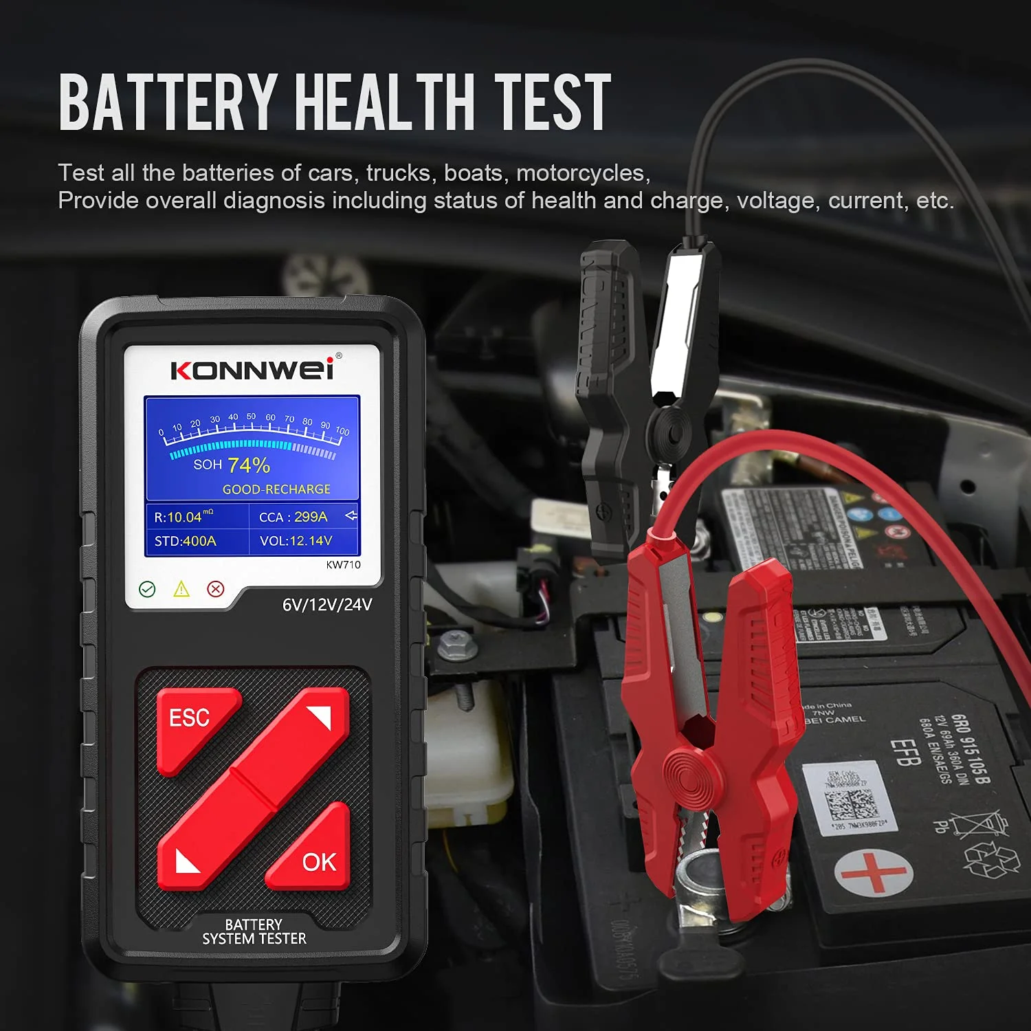 

KONNWEI KW710 Car Battery Tester 6V/12V/24V 100-2000CCA Battery Load Tester Charging Diagnostic Tool with Enhanced clip