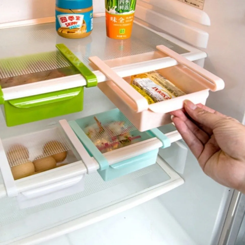 PP Refrigerator Storage Box Sliding Pull-Out Blue Pink White Fridge Drawer Organizer Kitchen Organizer Rack Kitchen Storage