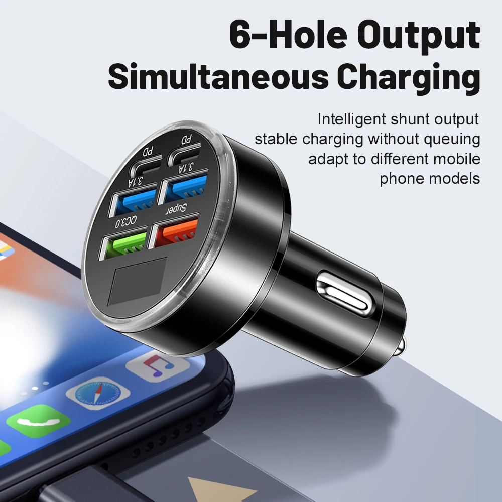 Total 100W Car Charger 6 Ports USB C Charger PD Fast Charging for iPhone 15 14 13 Pro Max Xiaomi 14 13 Samsung