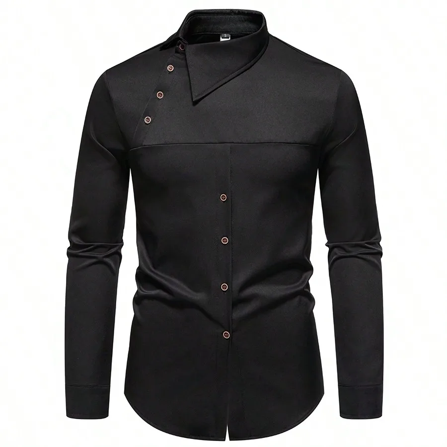 

Men's Asymmetrical Henley Collar Long Sleeve Shirt, Black, Casual Fall Top