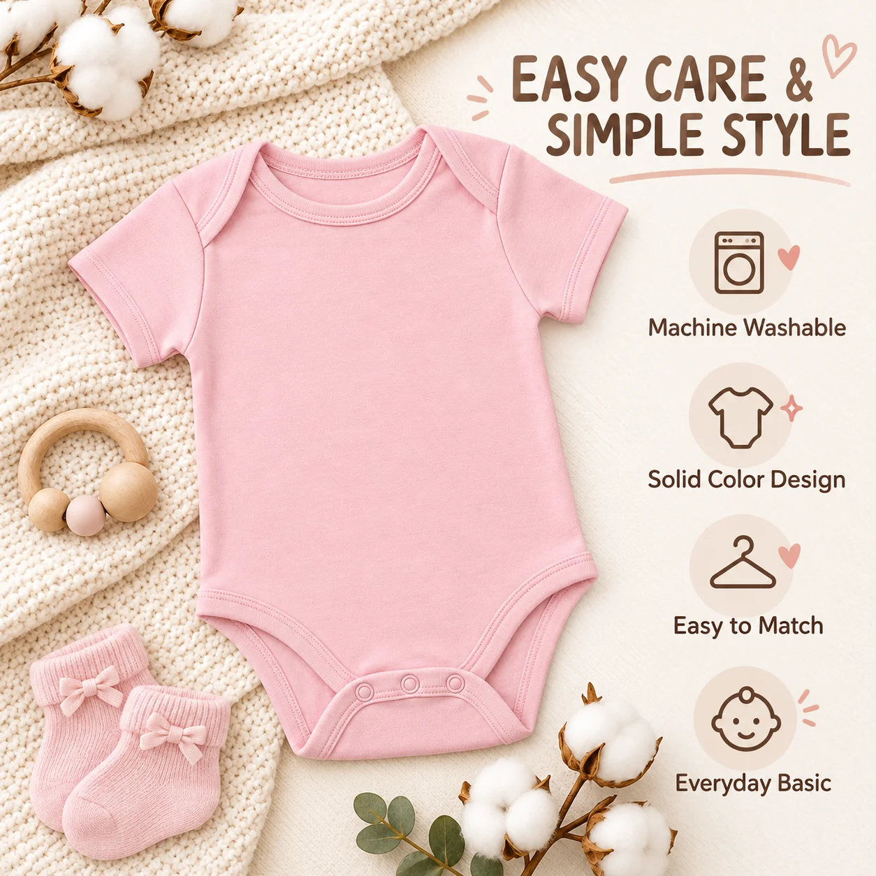 1Pc Baby Bodysuit Solid Pink Short Sleeve Newborn Infant Romper 100% Cotton Envelope Neck Snap Closure Baby Clothes