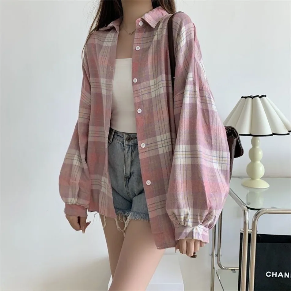 Herbst Damen Hemd Kariert Langarm Damen Oberteile Vintage Geknöpftes Bluse Damen Preppy Stil Lose Karierte Hemden Damenbekleidung – Detail 15