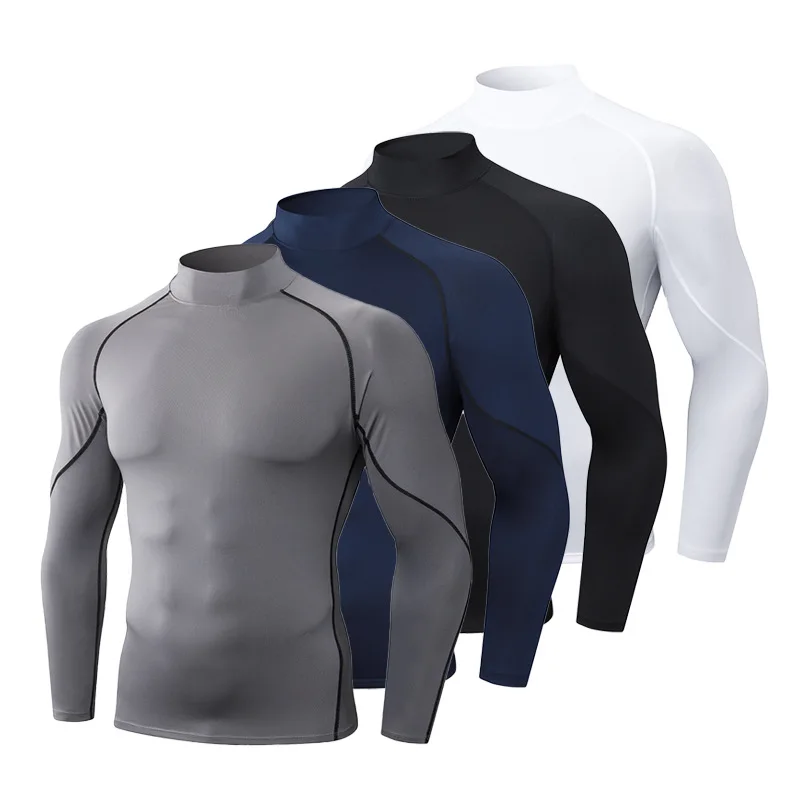 Men's High neck Long Sleeve Compression Shirts Cool Dry Sun Protection Sports Tights Undershirts Running Gym Tops