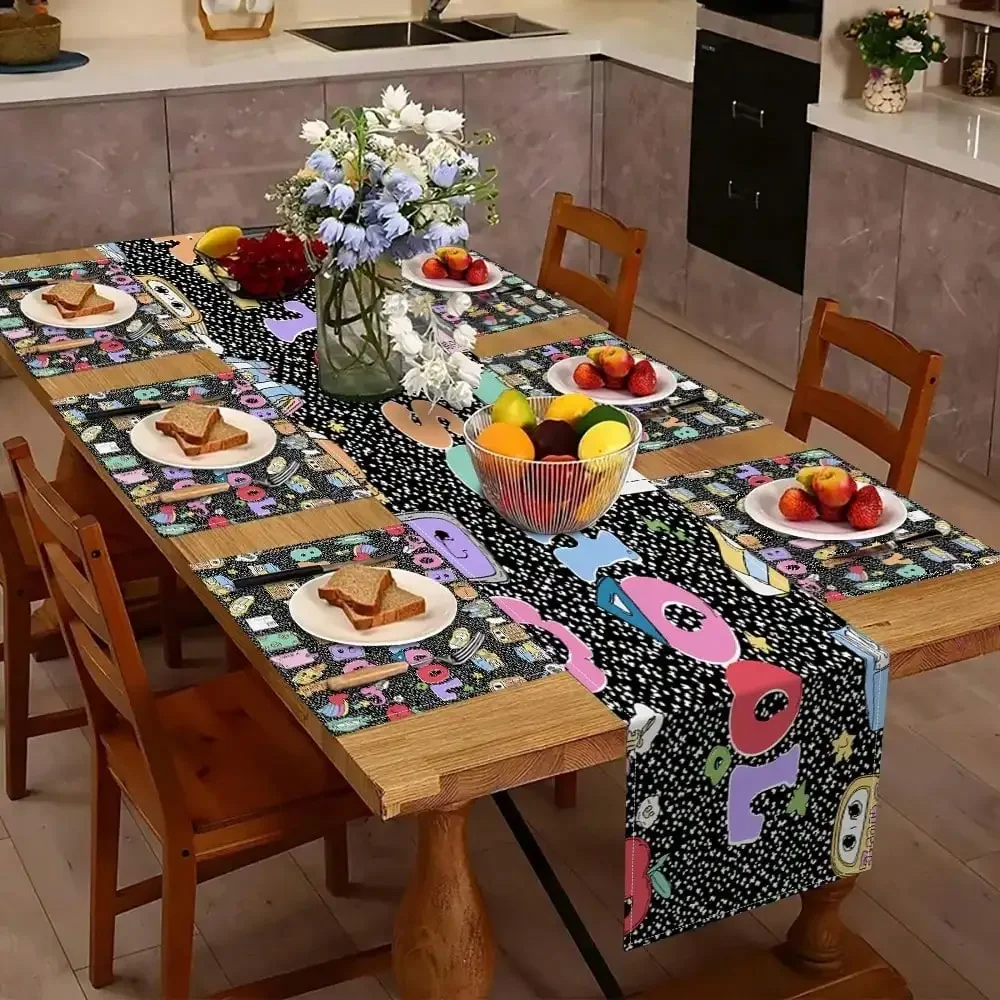 1/4/5/6/7pcs  Table Runner and Placemats Table Runner for Back to School, Decoration for First Day of School Party, Composition Notebook Design for Dining Room And Kitchen Table Decor