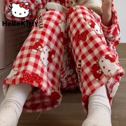 Sanrio Hello Kitty Plaid Coral Velvet Sleepwear Pyjamas Pants Women Winter Star Print Plush Warm Harajuku Kawaii Pajamas Trouser