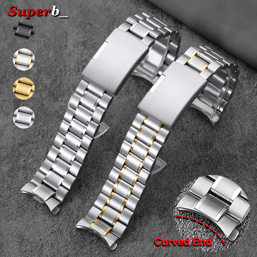 Silber Gold Massiv Edelstahl Uhrenarmband 18mm 20mm 22mm 24mm Riemen Gerade Gebogenes Ende Metall Armband Armband mit Werkzeug