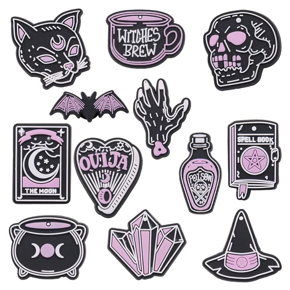 New Arrival 1pcs PVC Shoe Charms Cat Witches Brew Bat Poison Garden Shoes Button Decorations Accessories Kid Halloween Gift