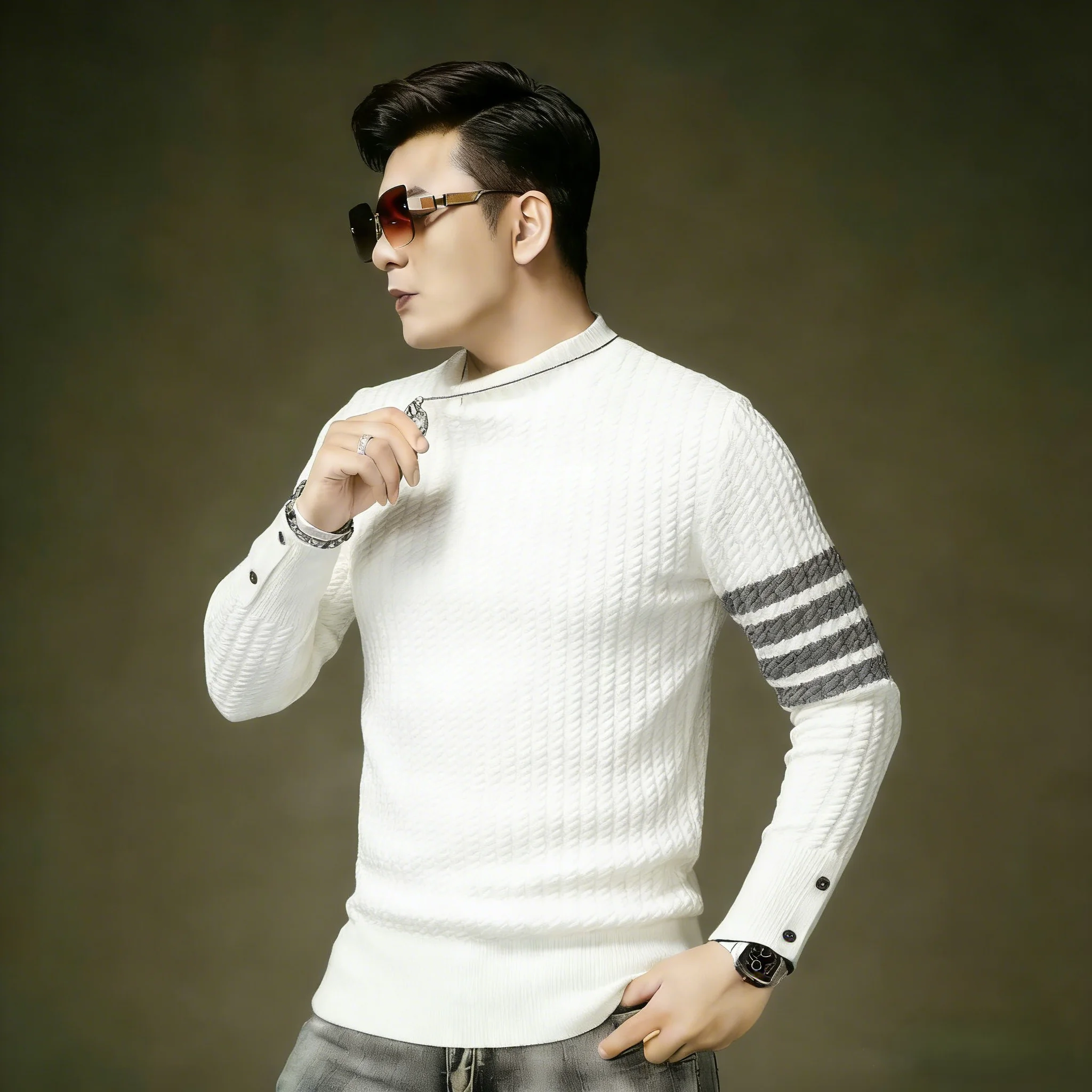 

Thiened Wool Knitted Sweater Men Long Sve round Ne Stripe Warm Base Layer White Woolen irt Faionable Ci Sle