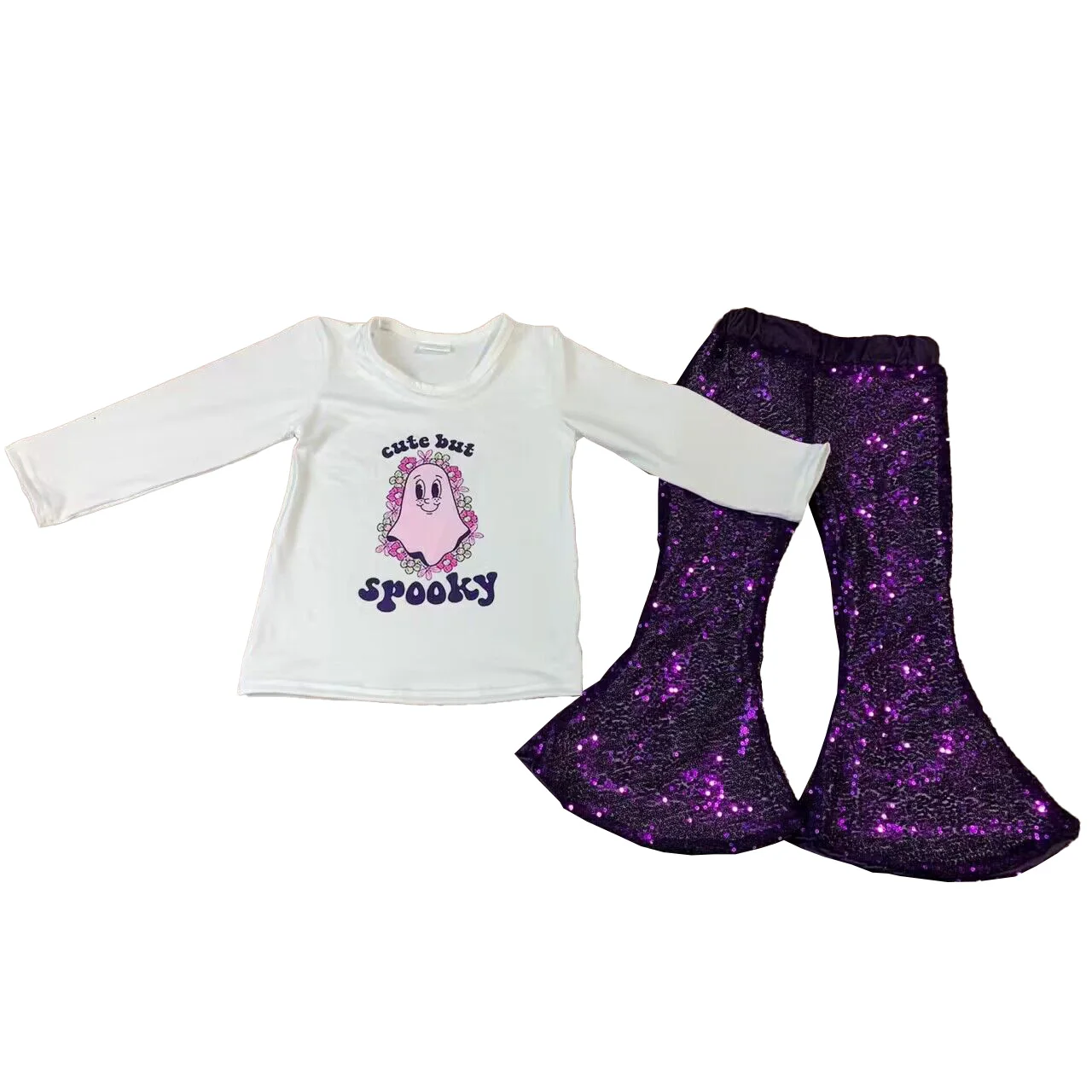 

Бутиковая Одежда для маленьких девочек, милый, но пугающий комплект, фиолетовые блестки, штаны с колокольчиком, наряды