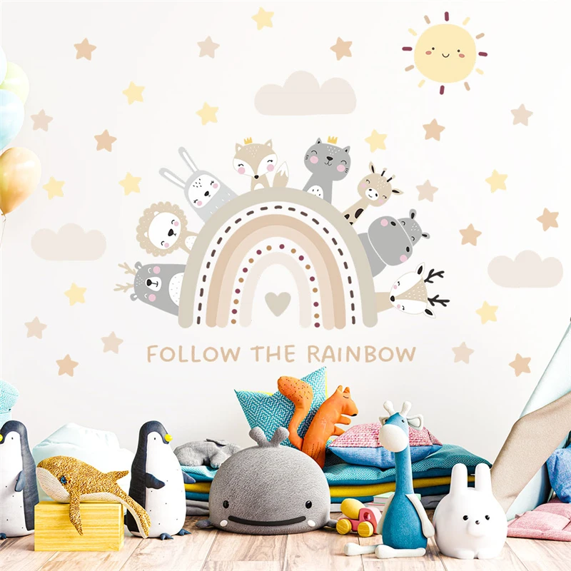 Cartoon Animals Follow The Rainbow Wall Sticker For Kids Bedroom Decoration Diy Animal Mural Art Cartoon Home Decal Pvc Poster