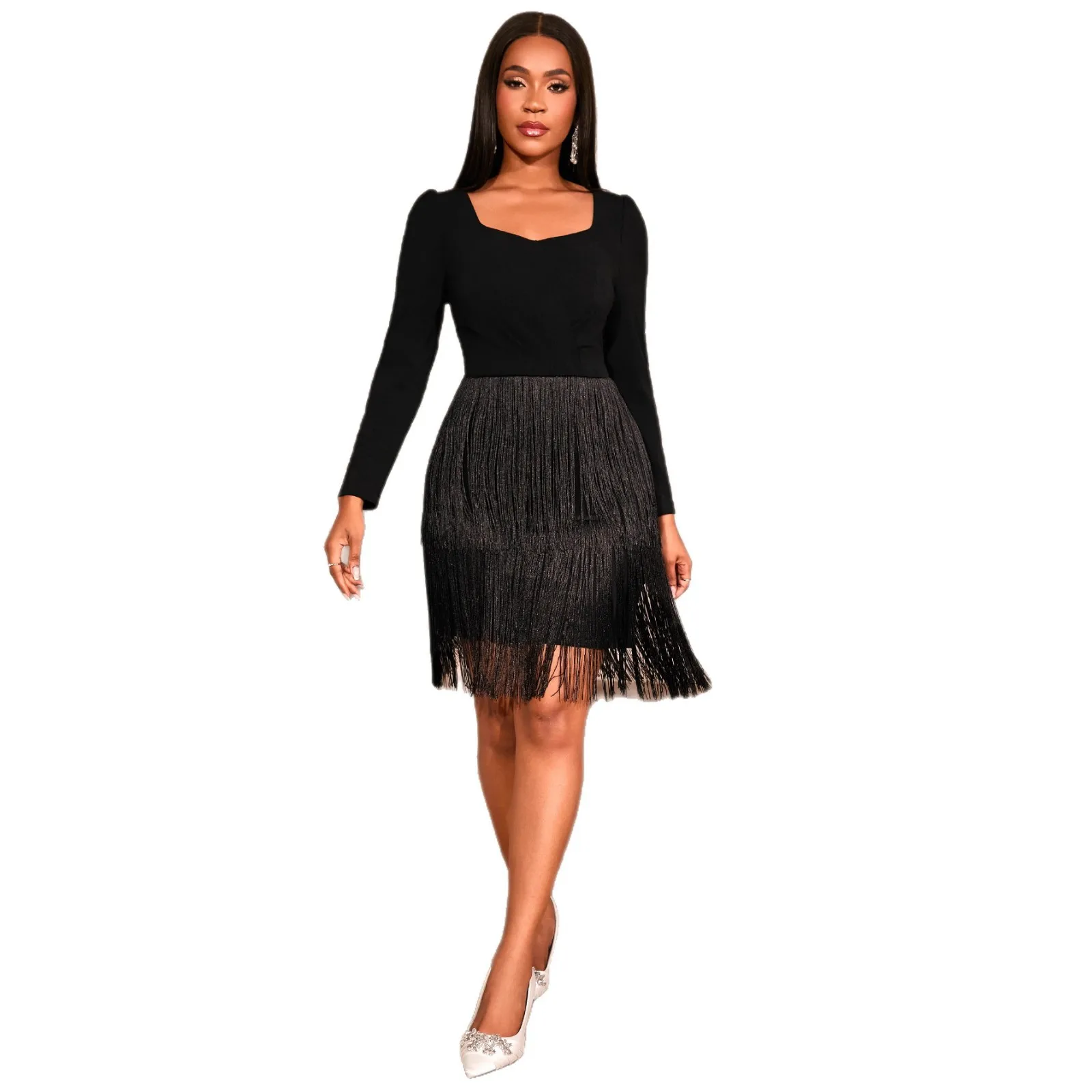 Chic Ruched Knee Length Tassels Semi-formal Party Little Black Dress With Long Sleeves