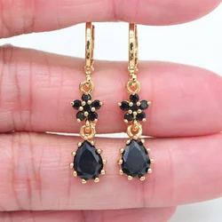Gold Color Women Black Cubic Zirconia CZ Flower Teardrop Dangle Earrings Jewelry