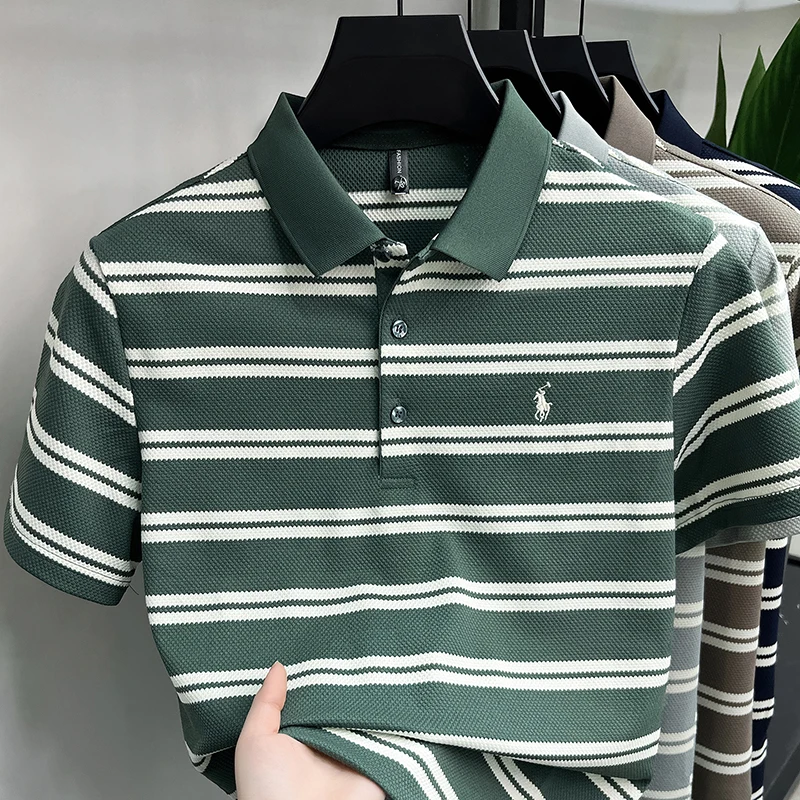 Hochwertiges Luxus-Herren-Poloshirt aus Reiner Baumwolle Kurzarm Sommer Neu Besticktes Gestreiftes T-Shirt Business Casual Atmungsaktives Oberteil