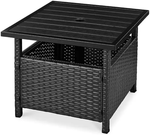 Wicker Side Table with Umbrella Hole, Square PE Rattan Outdoor End Table for Patio, Garden, Poolside, Deck
