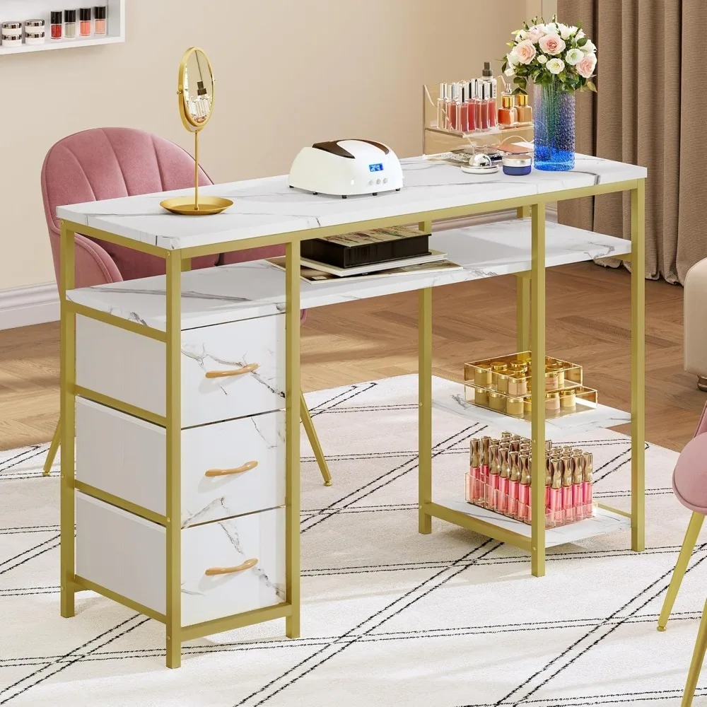 

Nail Table, Manicure Table, Marble Texture Nail Table with 3 Drawers, Acetone Resistant Nail Technician Table