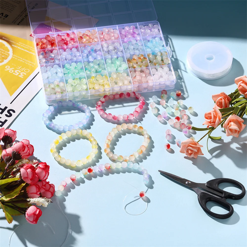 600pcs Double Color Jelly Result Round Glass Beads with Elastic Cord Jewelry Scissors Kits for Bracelet Necklace DIY Jewelry