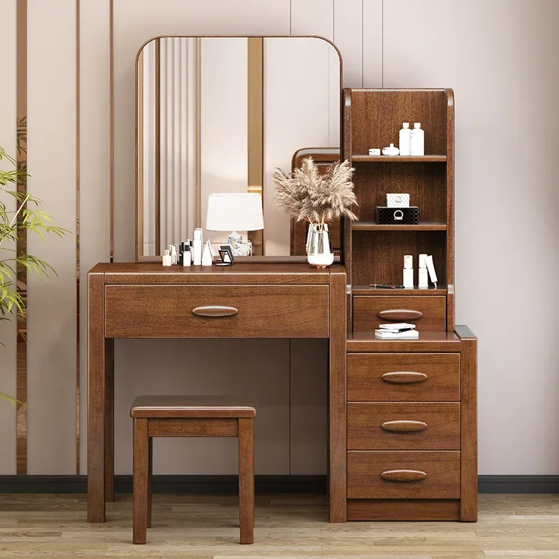 Make Up Dressing Retro Walnut Wood Tables Vanity Mirror Dressers Simple Vanity Desk Storage Drawers Cabinet Bedroom Furniture