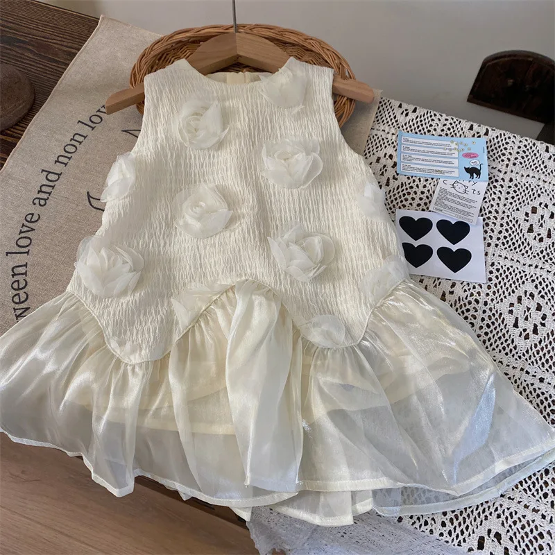 

18M-6Y Summer Girls Dress Sleeveless A-line White Kids Dress Children Stylish 3D Rose Princess Dress