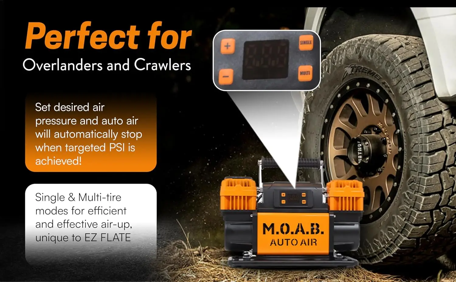 FLATE M.O.A.B. Compressor de ar automático com display LCD, definir pressão de alvo, compressor de ar duplo, compressor de ar offroad de 10,6 CFM 4x4,