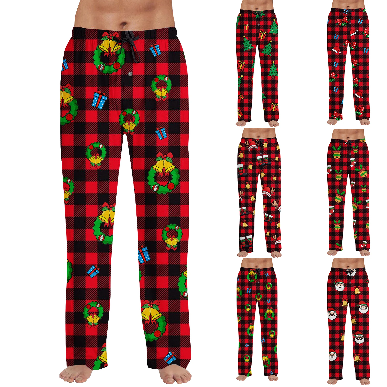 กางเกงนอนลายคริสต์มาสสำหรับผู้ชาย กางเกงลำลองทรงตรงแบบสบายๆ กางเกงขายาวลายสก็อตอุ่นๆ กางเกงนอนใส่พักผ่อน