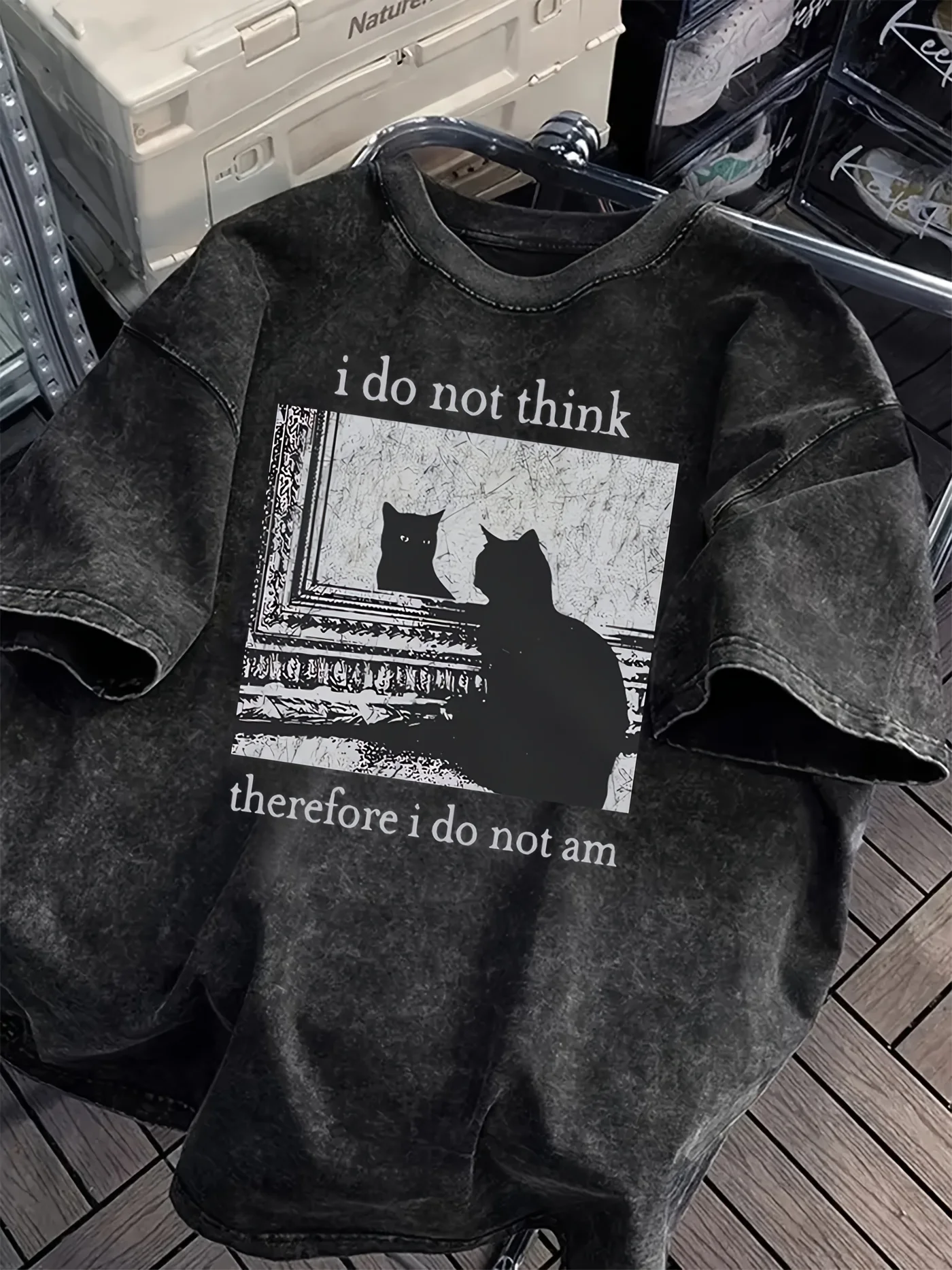Unisex Washed Cotton Casual Loose Fit Graphic T-Shirt "I Do Not for THINK Therefore I Do Not Am" Cat  Print Summer Short Sleeve