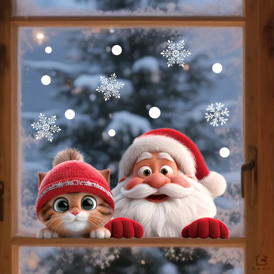 1pc/2pcs Christmas Window Decoration Sticker Santa Claus and Cute Cat Combo PVC Static Cling Sticker Window Cling Glass Stickers