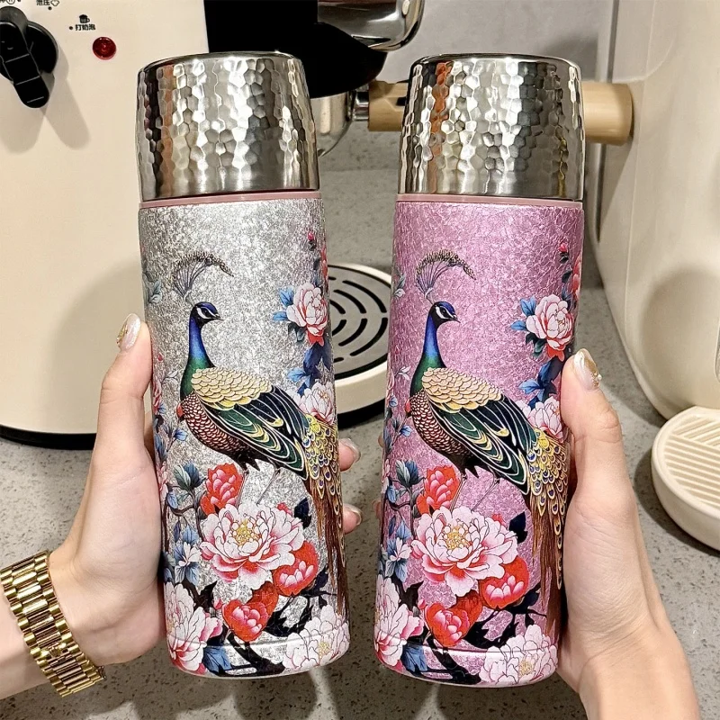 New China-Chic Peacock Titanium Coated Insulating Cup Guofeng Tea Separating Tea Cup High Beauty Portable Cup for Men and Women