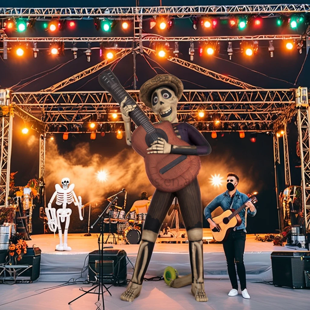 

European Hot Sale 4m High Polyester Cloth Inflatable Guitar Skull Male Halloween Stage Decoration For Outdoor Music Festivals