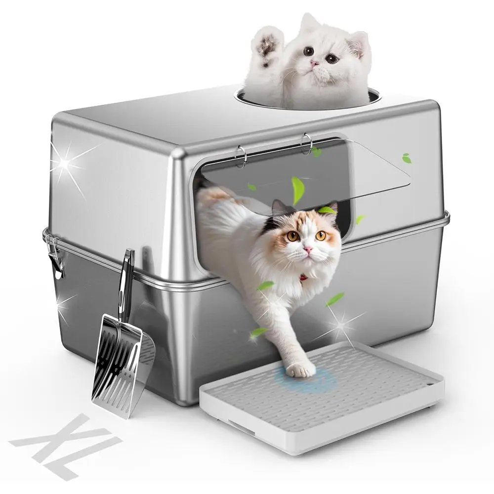 

Лоток для кошек из нержавеющей стали с крышкой, закрытый металлический лоток с высокими бортиками, большой, устойчивый к воздействию собак, с контролем запаха, легко чистится, долговечный