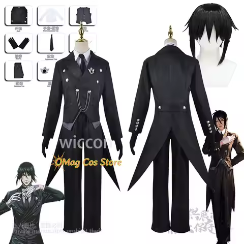 Anime Black Butler Steward Sebastian Michaelis Cosplay Costume Swallowtail Tops Wig Men Carnival Party Halloween Customized