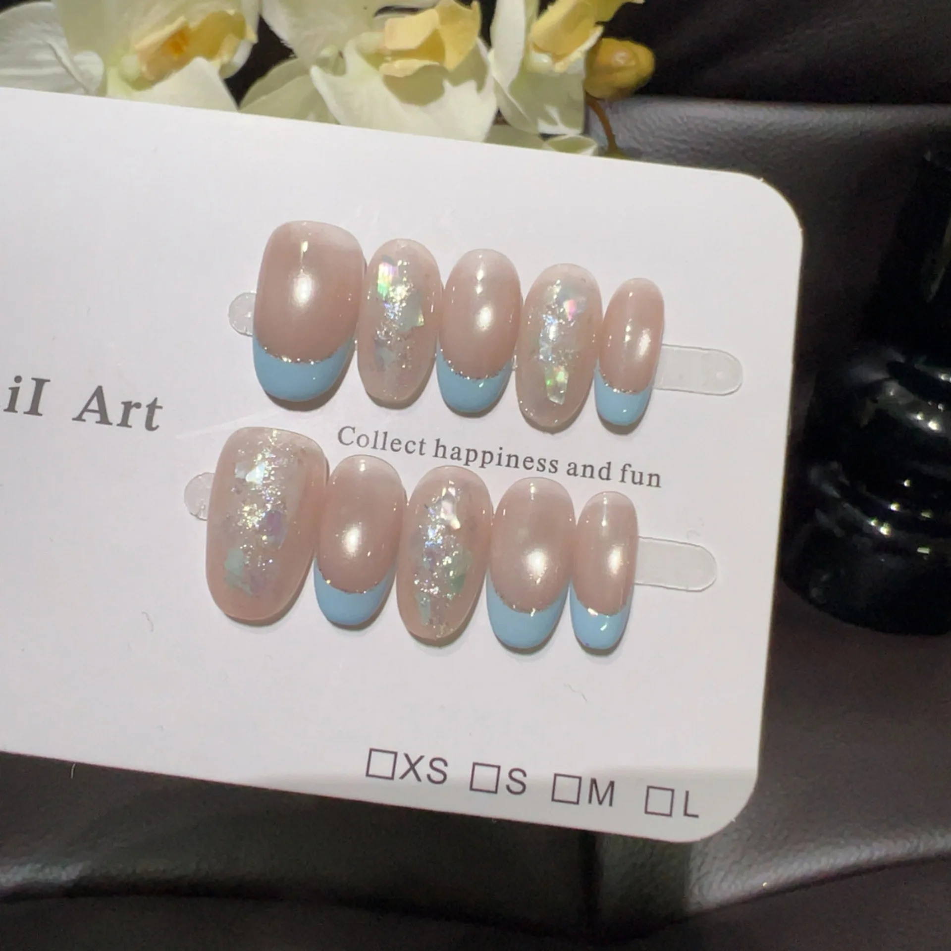 10pcs Handmade Short Oval Press On Nails Shiny Shell Blue French Design Sweet Cute Fake Nails Wearable Nails Art Tips For Girls